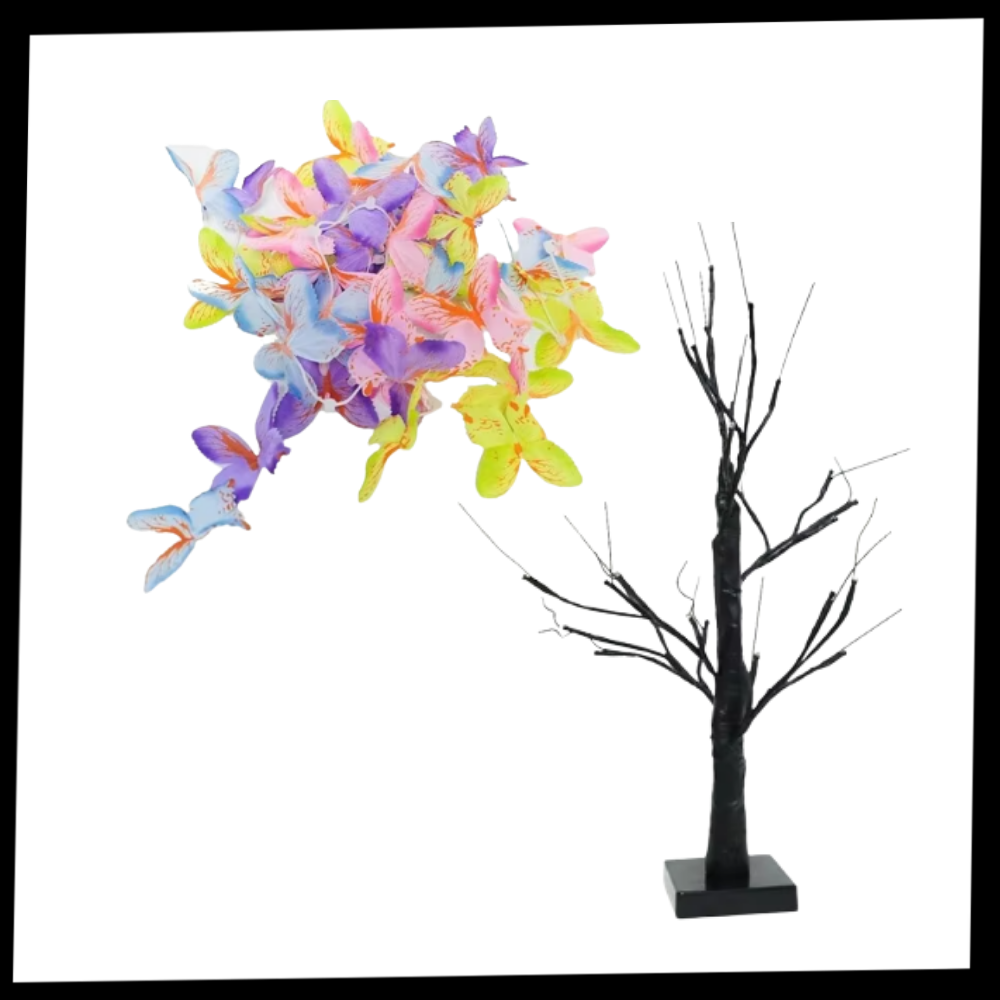 Árvore luminosa de interior com flores artificiais, luzes de fada, decorativa, marca Mimo Tech, ideal para ambientes aconchegantes.