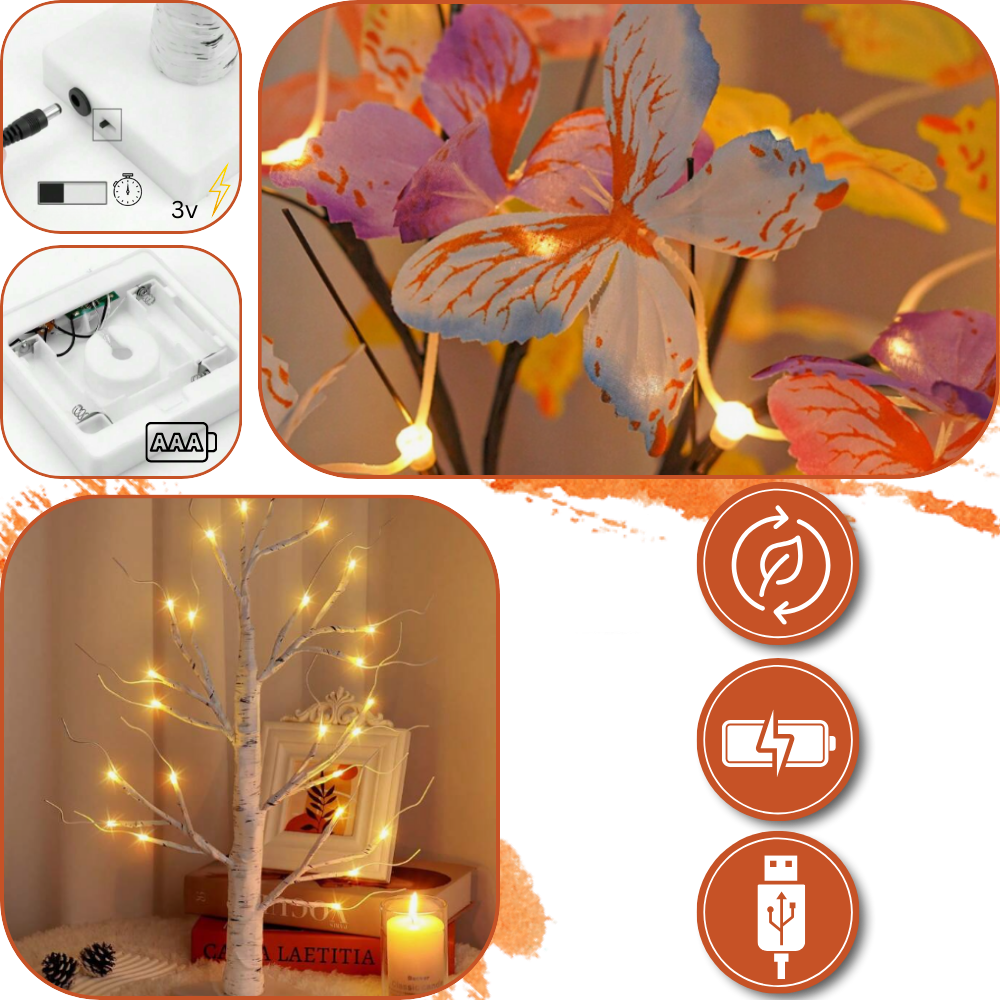 Árvore luminosa de interior com flores artificiais e luzes suaves, da marca Mimo Tech, decorativa e sustentável.