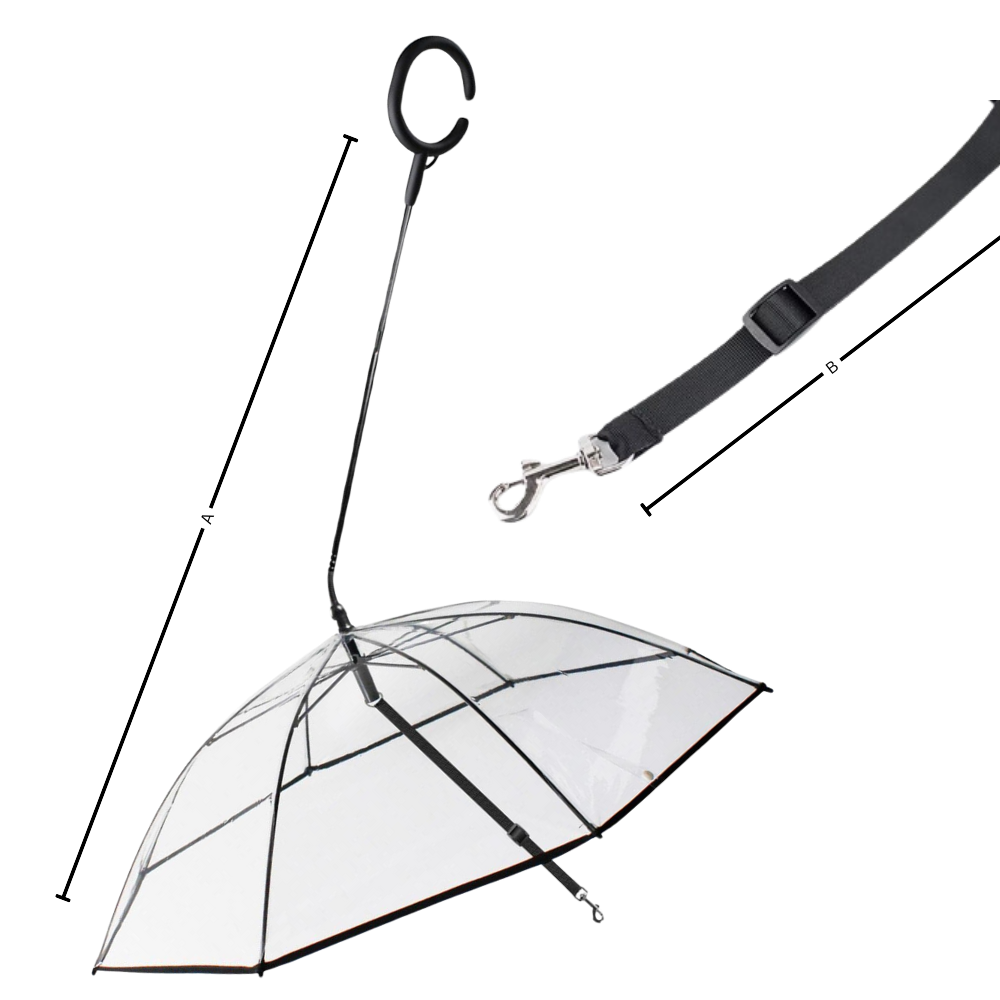 Coleira com guarda-chuva transparente para cães, feita pela Mewmewcat, protegendo o pet da chuva com estilo e praticidade.