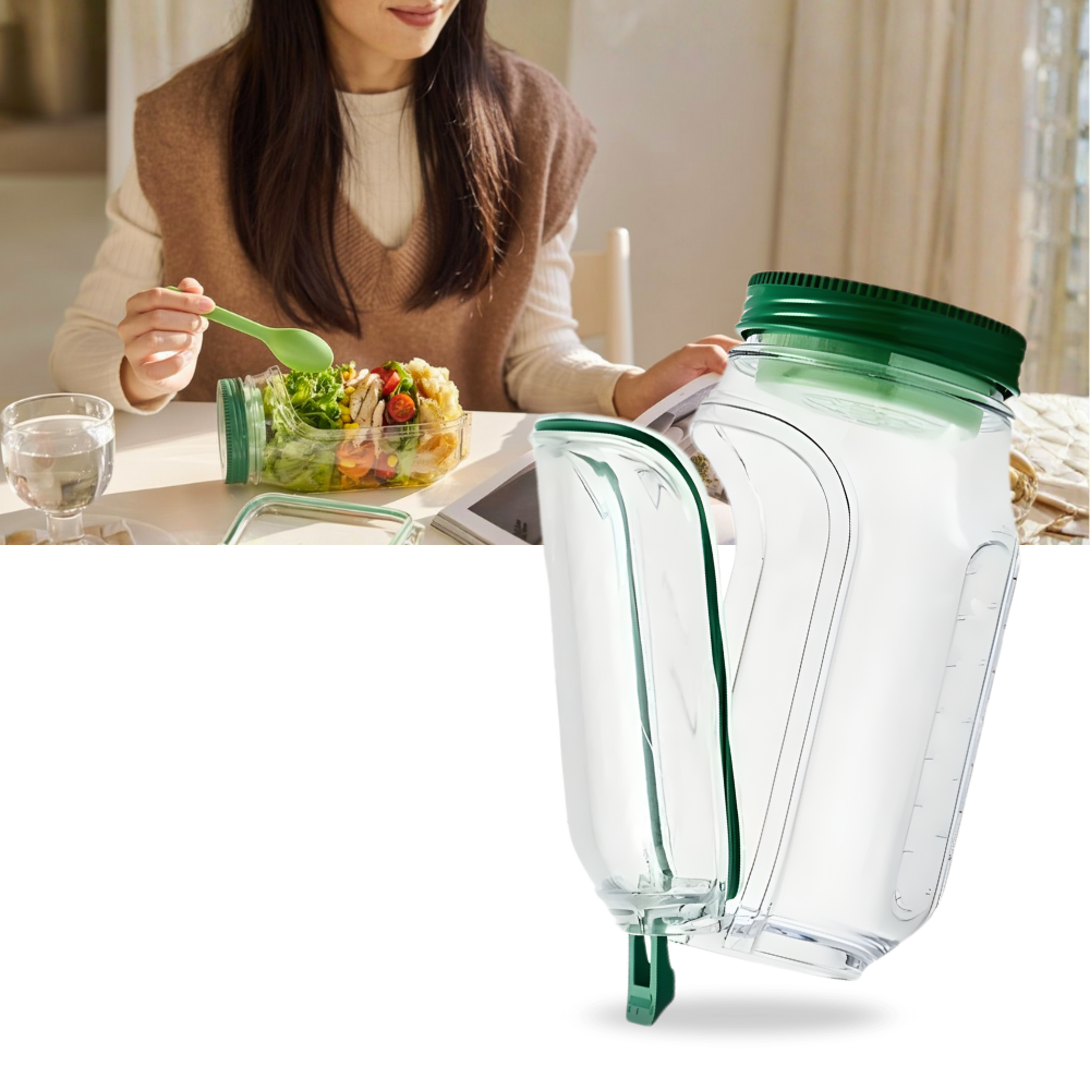 Bocal transparente da Aladdin para salada com abertura lateral, ideal para armazenamento de alimentos e preparação de refeições.