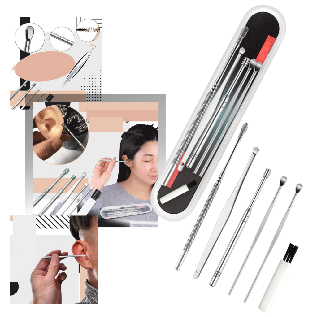 Conjunto de ferramentas em aço inox para cuidado e limpeza de ouvidos, com diferentes instrumentos para higiene segura.