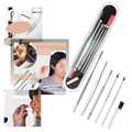 Conjunto de ferramentas em aço inox para cuidado e limpeza de ouvidos, com diferentes instrumentos para higiene segura.