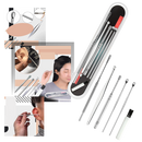 Conjunto de ferramentas em aço inox para cuidado e limpeza de ouvidos, com diferentes instrumentos para higiene segura.