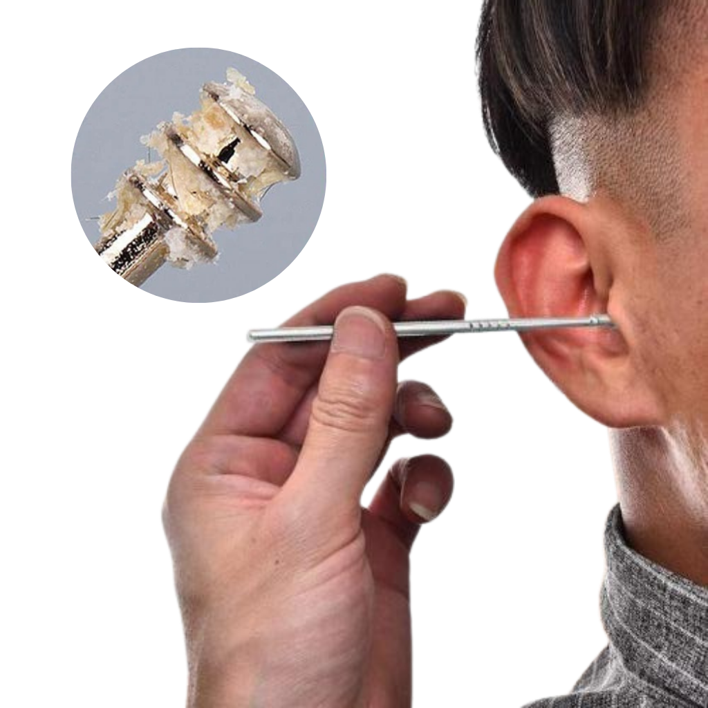 Conjunto de ferramentas em aço inoxidável para cuidado e limpeza de ouvidos, marca Tsv, com diferentes instrumentos para higiene pessoal.
