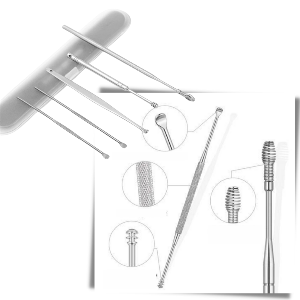 Conjunto de ferramentas em aço inox para cuidado e limpeza de ouvidos, com diferentes instrumentos de higiene da marca Tsv.