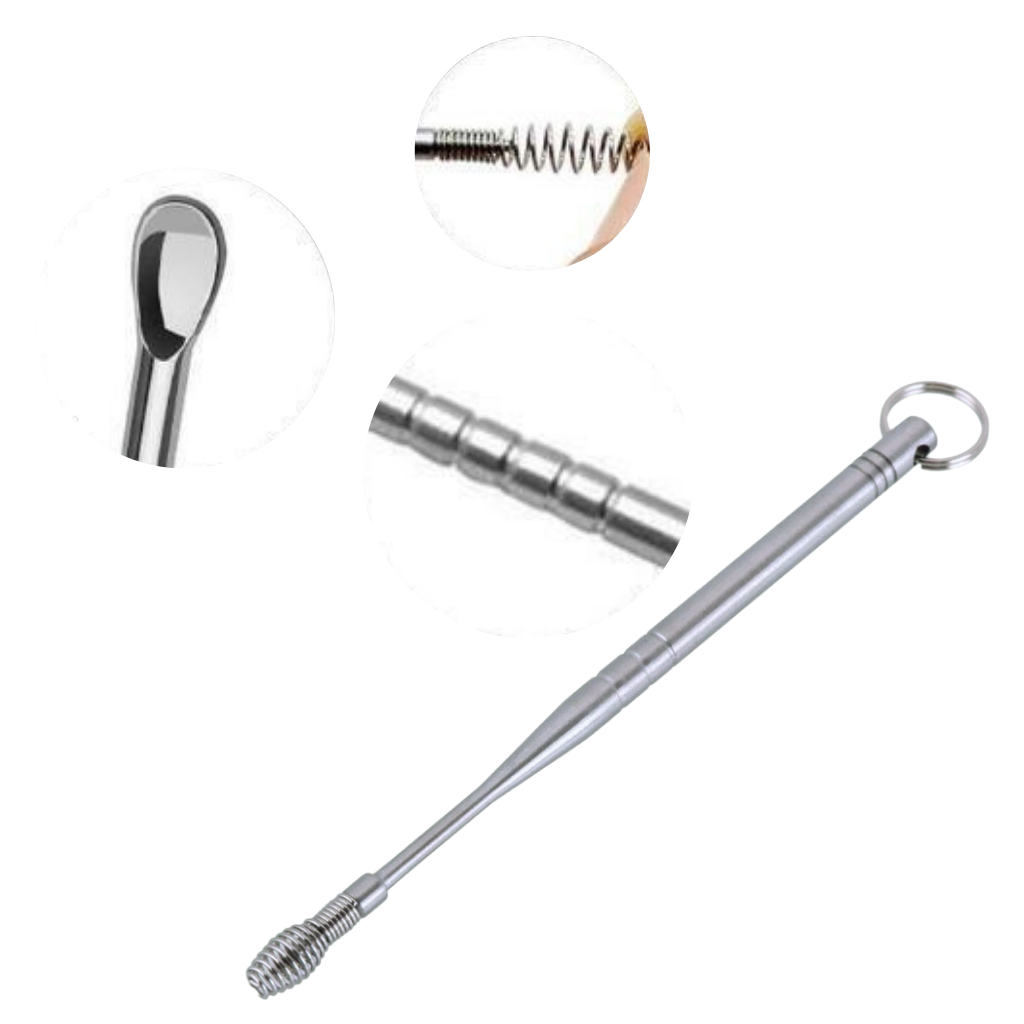 Conjunto de ferramentas em aço inoxidável para cuidado e limpeza de orelhas, marca Tsv, com diferentes instrumentos.