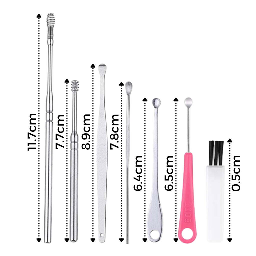 Conjunto de ferramentas em aço inoxidável para cuidado de ouvidos, ideal para limpeza segura e eficiente.
