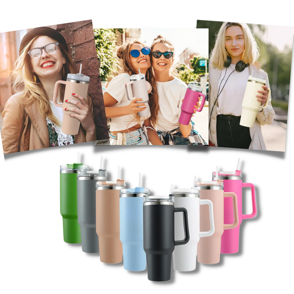 Caneca grande para carro Kowaku com alça colorida, design de utensílios de mesa e alta capacidade para bebidas.