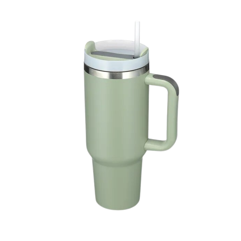 Caneca grande para carro Kowaku com alça, capacidade elevada, design em pistácio, ideal para bebidas em viagens.