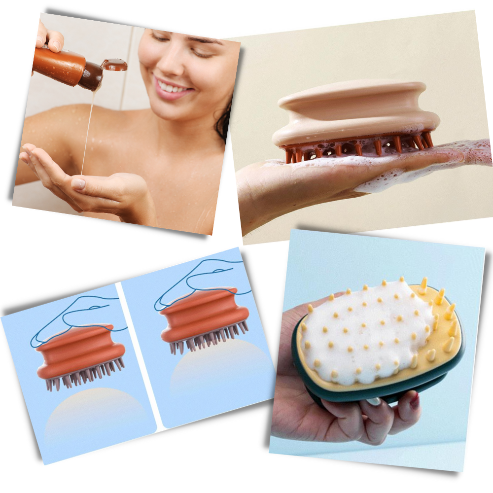 Escova de massagem Tureclos para couro cabeludo, ferramenta de relaxamento com cerdas de silicone rosa, ideal para cuidar do cabelo.