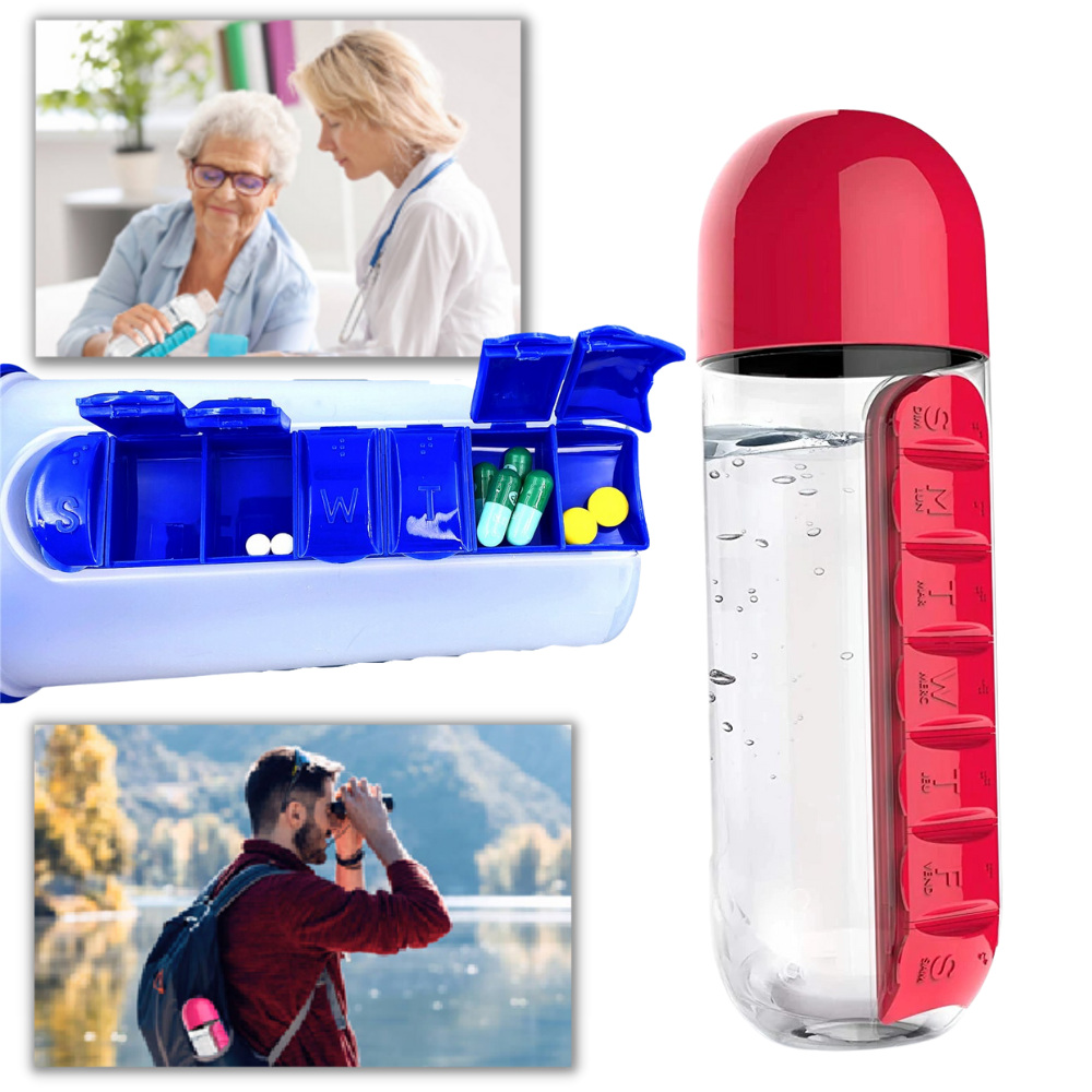 Suporte para alimentos e bebidas Tureclos com garrafa de água de plástico azul e pilulier integrado.