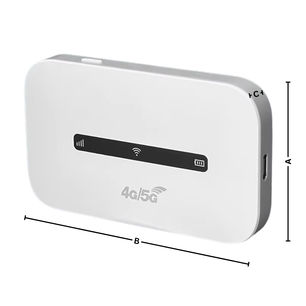 Roteador Wi-Fi portátil Buyinsoon, dispositivo compacto e leve para conexão de internet móvel, com antena e luzes indicadoras.