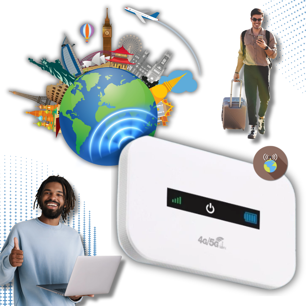 Roteador Wi-Fi portátil Buyinsoon, dispositivo compacto para conexão de internet global, com antenas e indicadores de sinal.