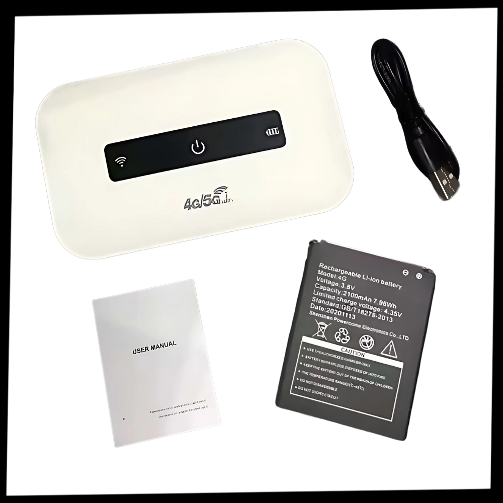 Roteador Wi-Fi portátil Buyinsoon com design compacto, mostrando a embalagem do pacote de roteador portátil em uma mesa.
