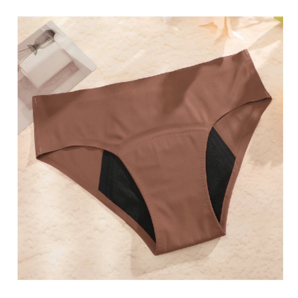 Culotte menstruelle ultra-absorbente da Hardlegix, sob medida em tom mocha, feita para proteção confortável durante o ciclo.