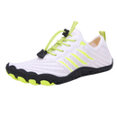 Sapatos ortopédicos ultra-finura Dq, sensação pés nus, modelo branco com detalhes neon, calçado confortável e discreto.