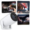 Vidéoprojector portátil Elite 4K Ultra HD exibindo imagem de alta resolução em uma parede branca.