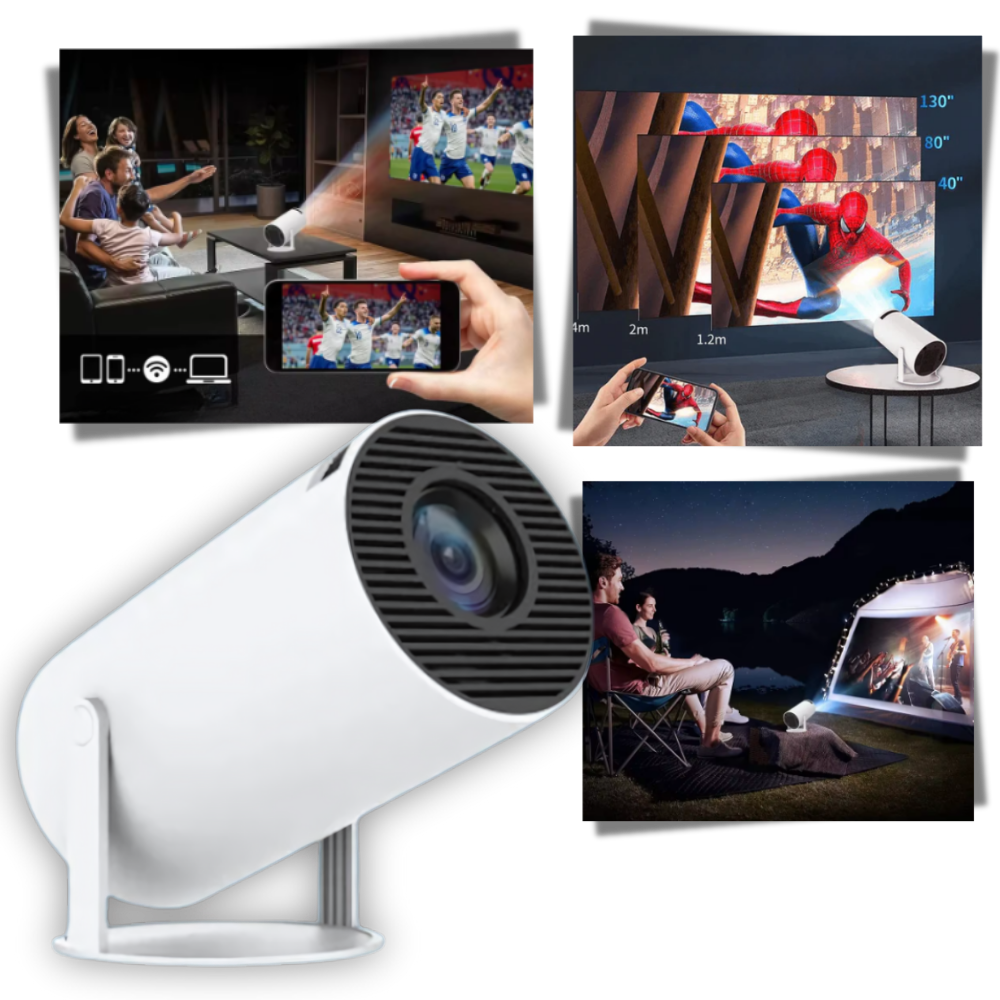 Vidéoprojector portátil Elite 4K Ultra HD exibindo imagem de alta resolução em uma parede branca.