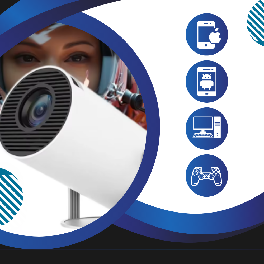 Vidéoprojector portátil Elite 4K Ultra HD com tela de projeção mágica e design compacto para uso móvel.