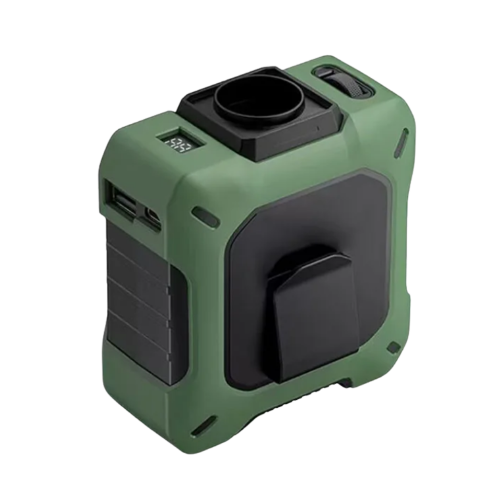 Ventilador compacto de cintura Center V para aquecimento e resfriamento, na cor verde, portátil e leve para usar na cintura.