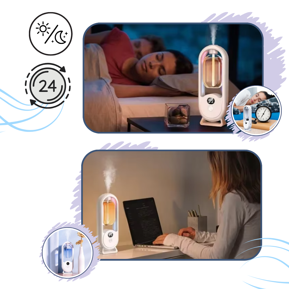 Difusor de aromas ultrassônico Viwoeim para ambientes internos, com design moderno e função de dispersão de fragrâncias.