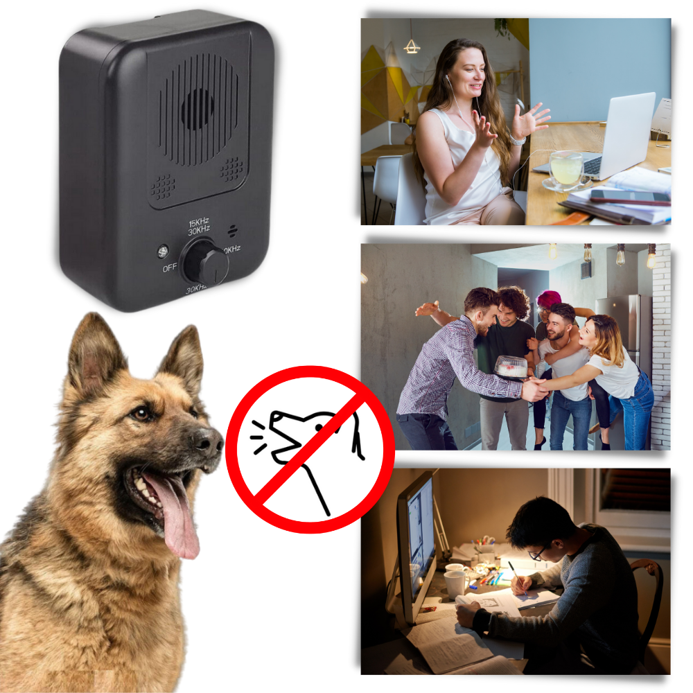 Aparelho ultrassônico anti latido para cães, acessório para controle de comportamento, marca genérica, visível na imagem.