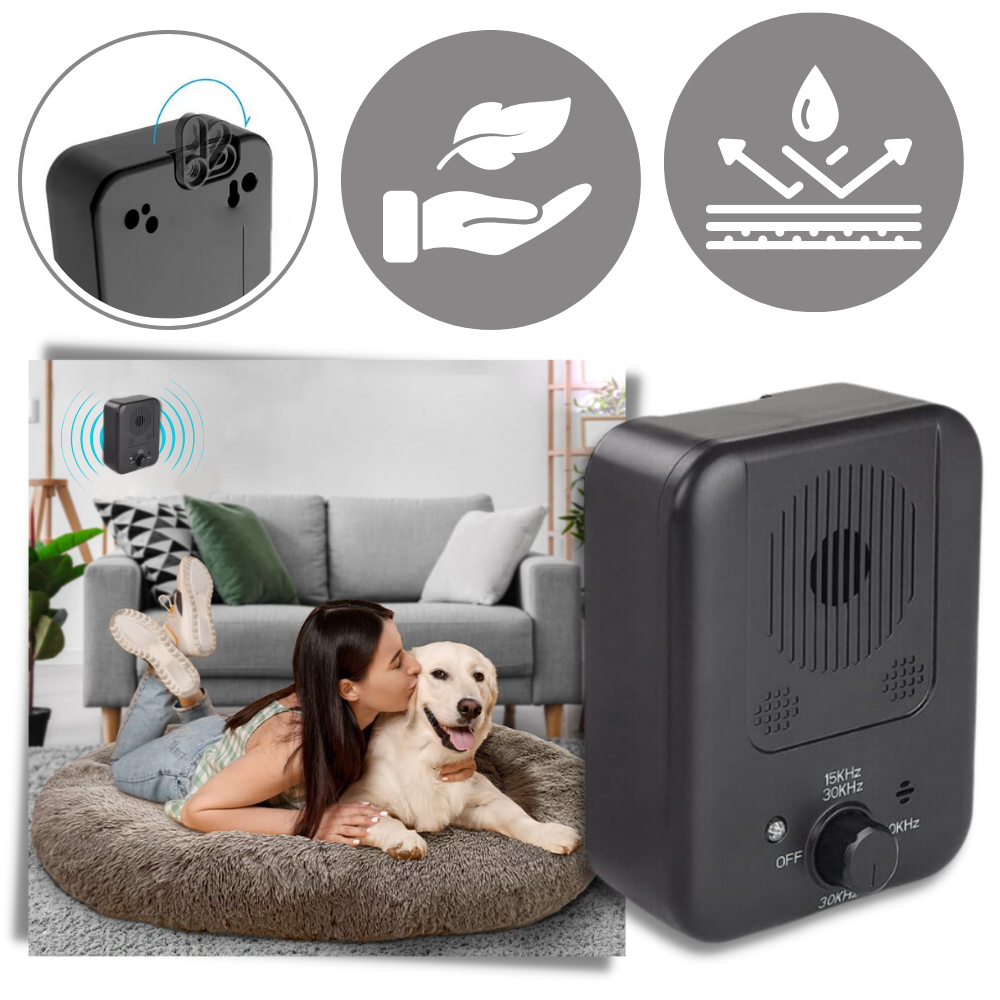 Aparelho ultrassônico anti latido para cães, acessório resistente, com design compacto para controle do comportamento canino.