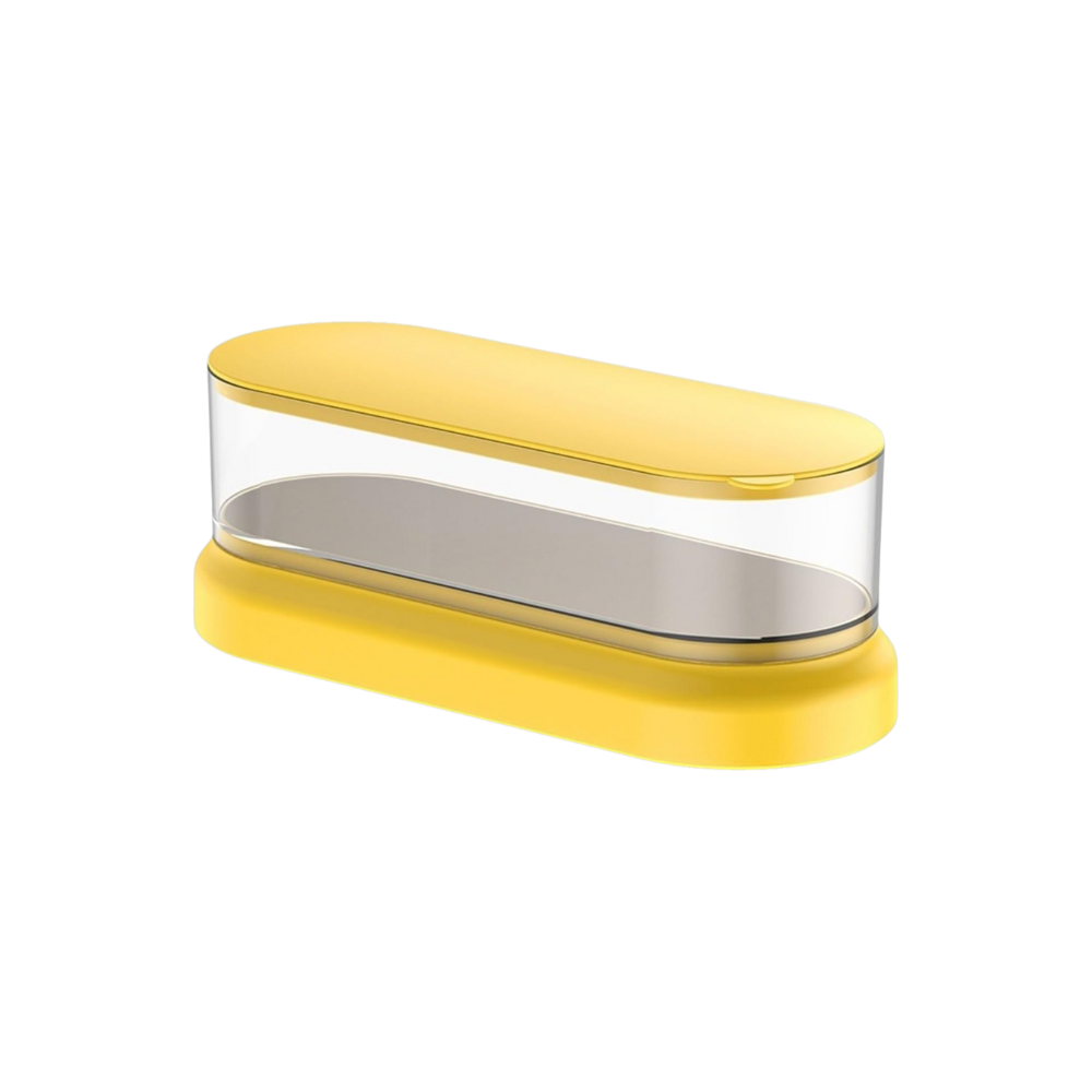 Máquina de limpeza ultrassônica Hesroicy para joias, com corpo amarelo e vidro, ideal para limpeza eficiente de bijuterias.
