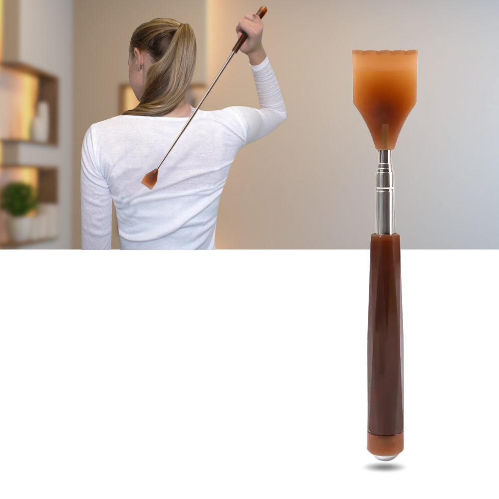 Raspador de costas telescópico da marca Unique Bar para massagem e relaxamento, com design ajustável e fácil de usar