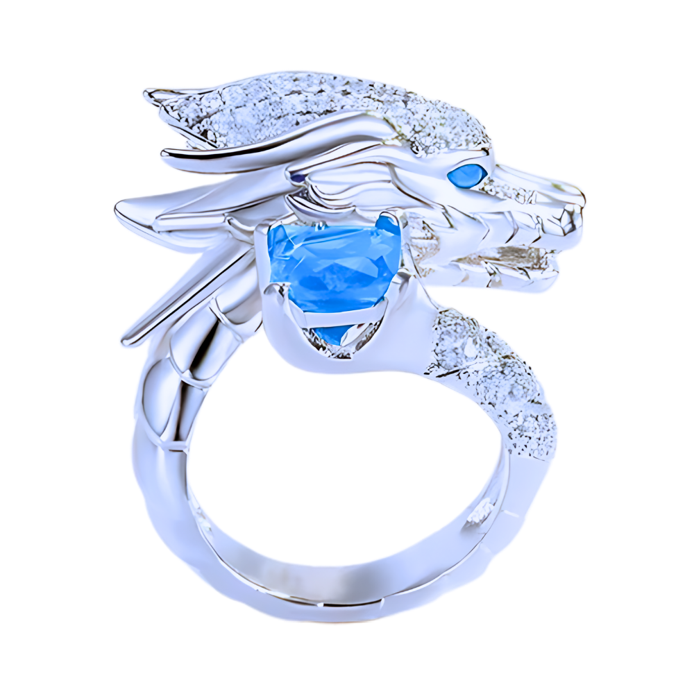 Anel artesanal de prata com formato de dragão, design único e detalhado, feito pela marca Saekor.
