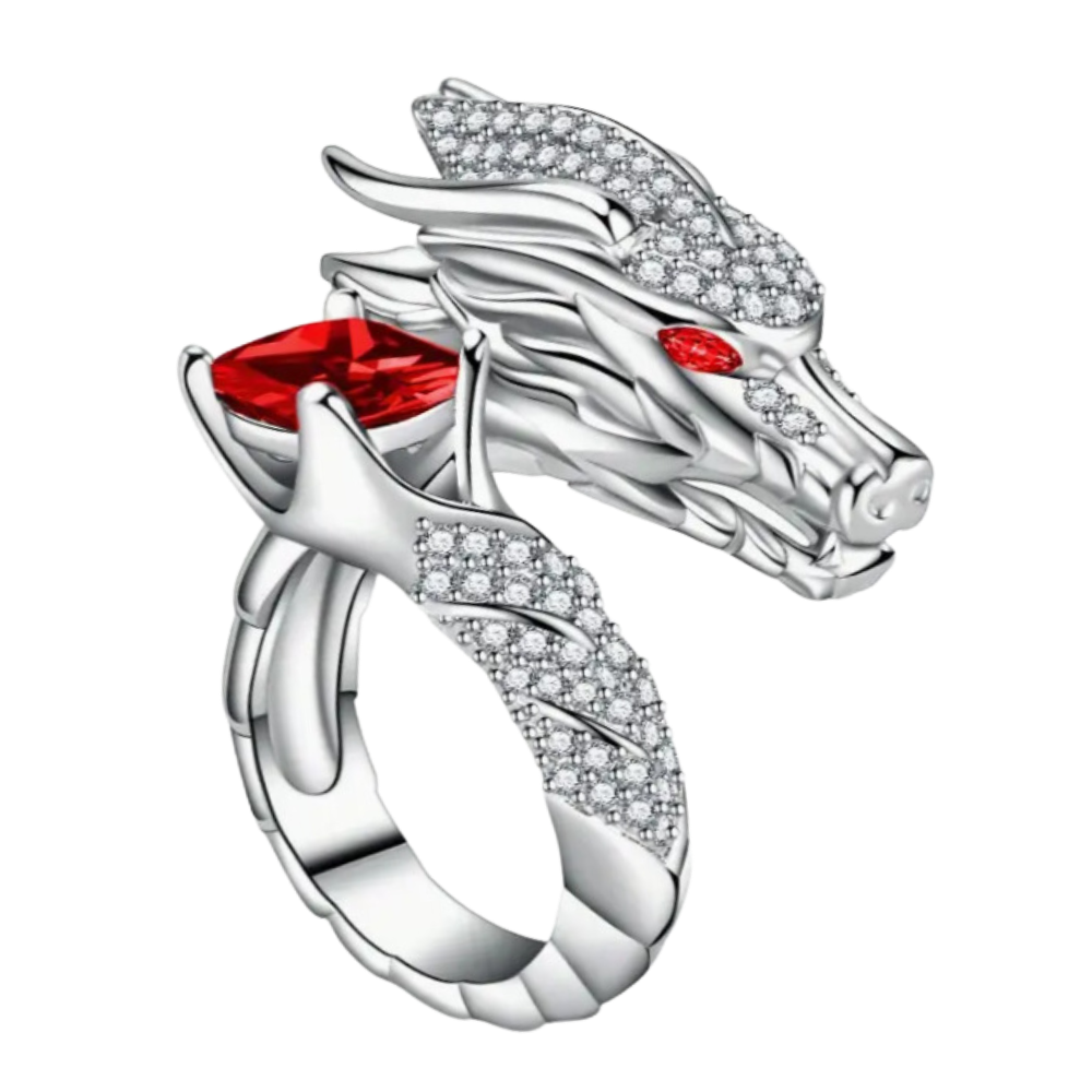 Anel artesanal de prata com design de dragão, peça única e detalhada, da marca Saekor.