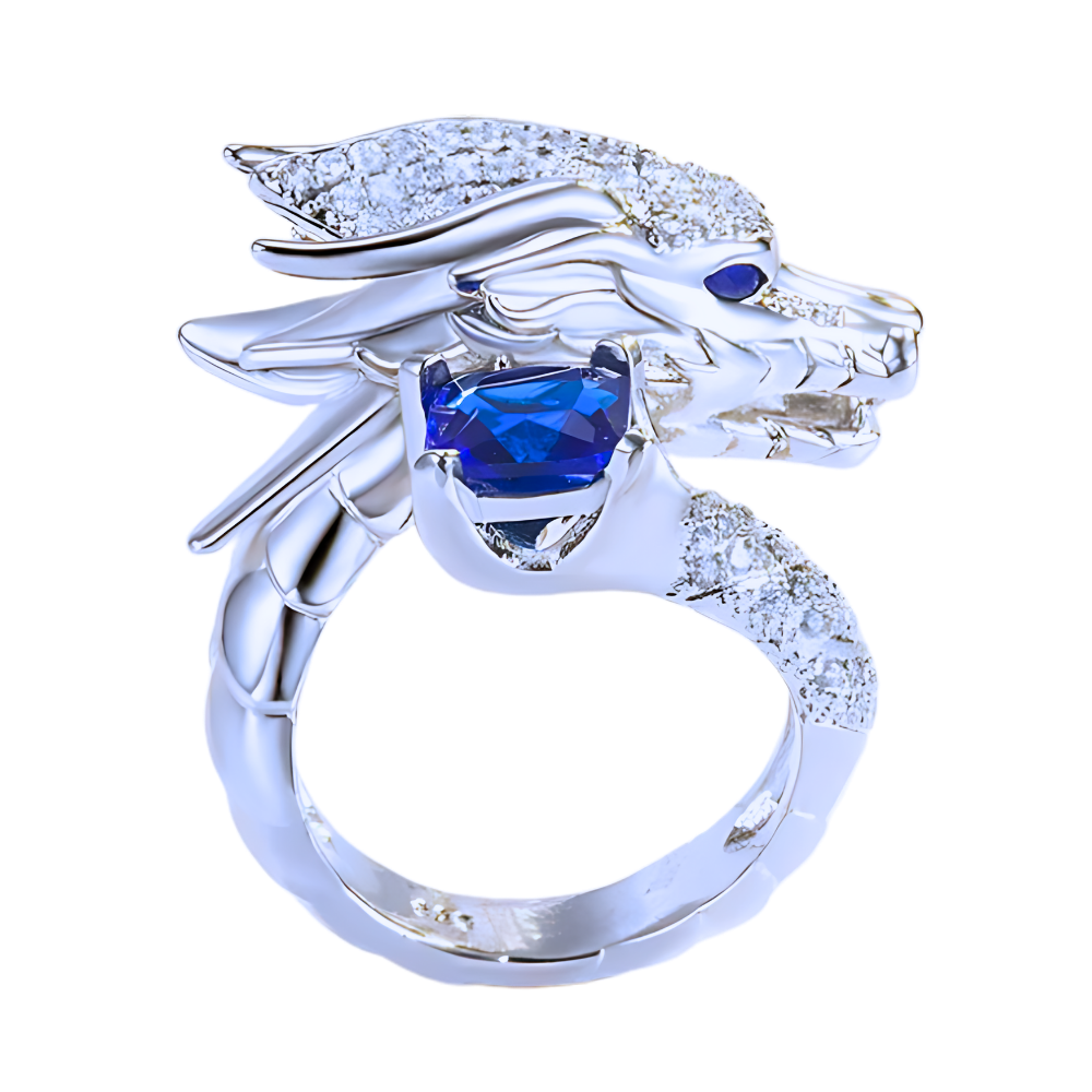 Anel artesanal de prata com design exclusivo de dragão, em tom azul marinho, da marca Saekor.