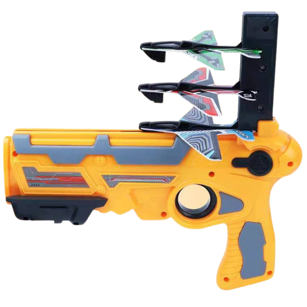 Jogo de brinquedo voador de avião articulado da marca Universal, com catapulta e design amarelo para diversão ao ar livre.