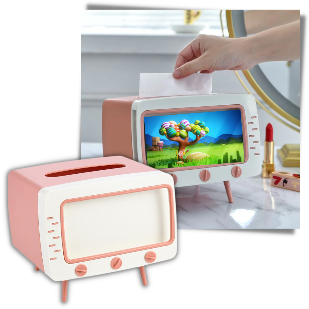 Distributeur de mouchoirs Universal blanc avec support pour téléphone, accessoire pratique pour cuisine moderne.