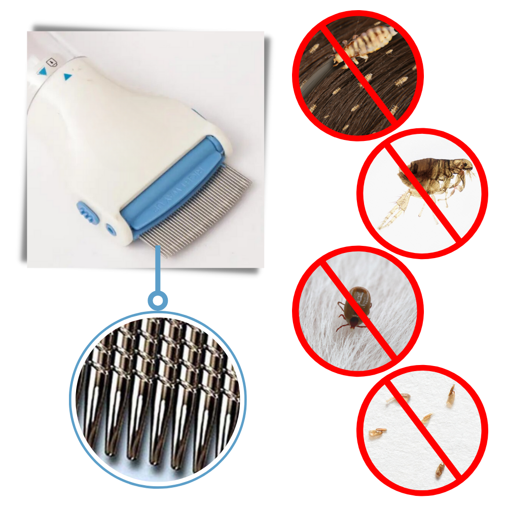 Pente elétrico universal para piolhos e carrapatos, marca Acura Homes, mostrando as lâminas de limpeza e design compacto