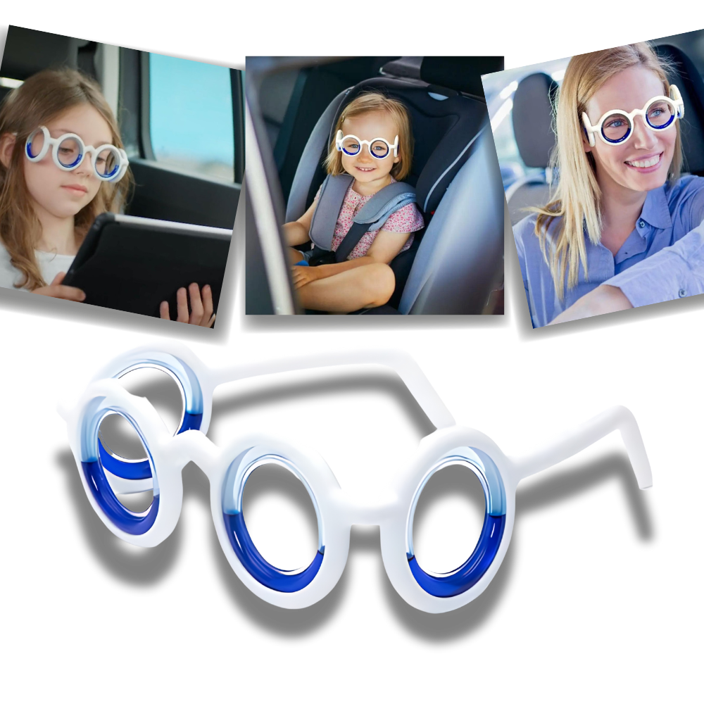 Óculos anti-mal-estar de transporte da Media com ajuste universal, lentes transparentes e armação leve para conforto durante viagens.