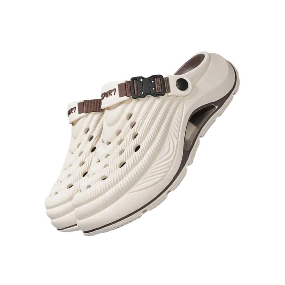 Sandálias urbanas beige Tuscom, sabots ultra-leves com design confortável e casual, perfeitas para uso diário.