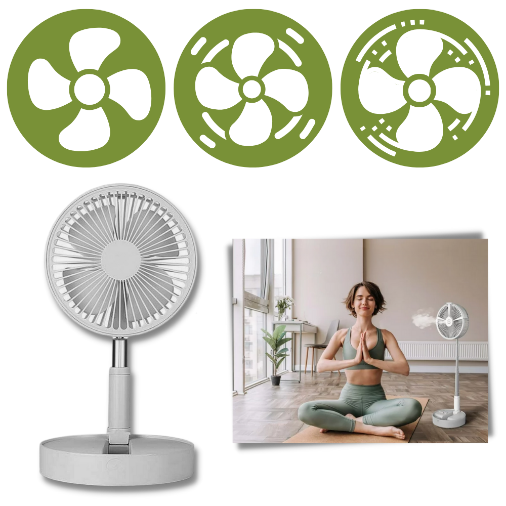 Ventilador portátil Ruhiku GW com carregamento USB, três velocidades, ideal para aquecimento e refrigeração pessoal.