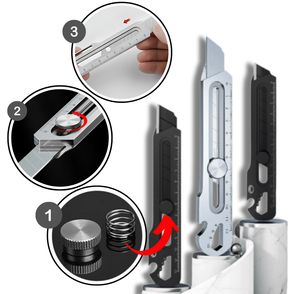 Cutter retrátil preto da Utility Knives, ferramenta de corte polyvalente com lâmina ajustável e design compacto.