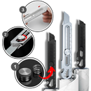 Cutter retrátil preto da Utility Knives, ferramenta de corte polyvalente com lâmina ajustável e design compacto.