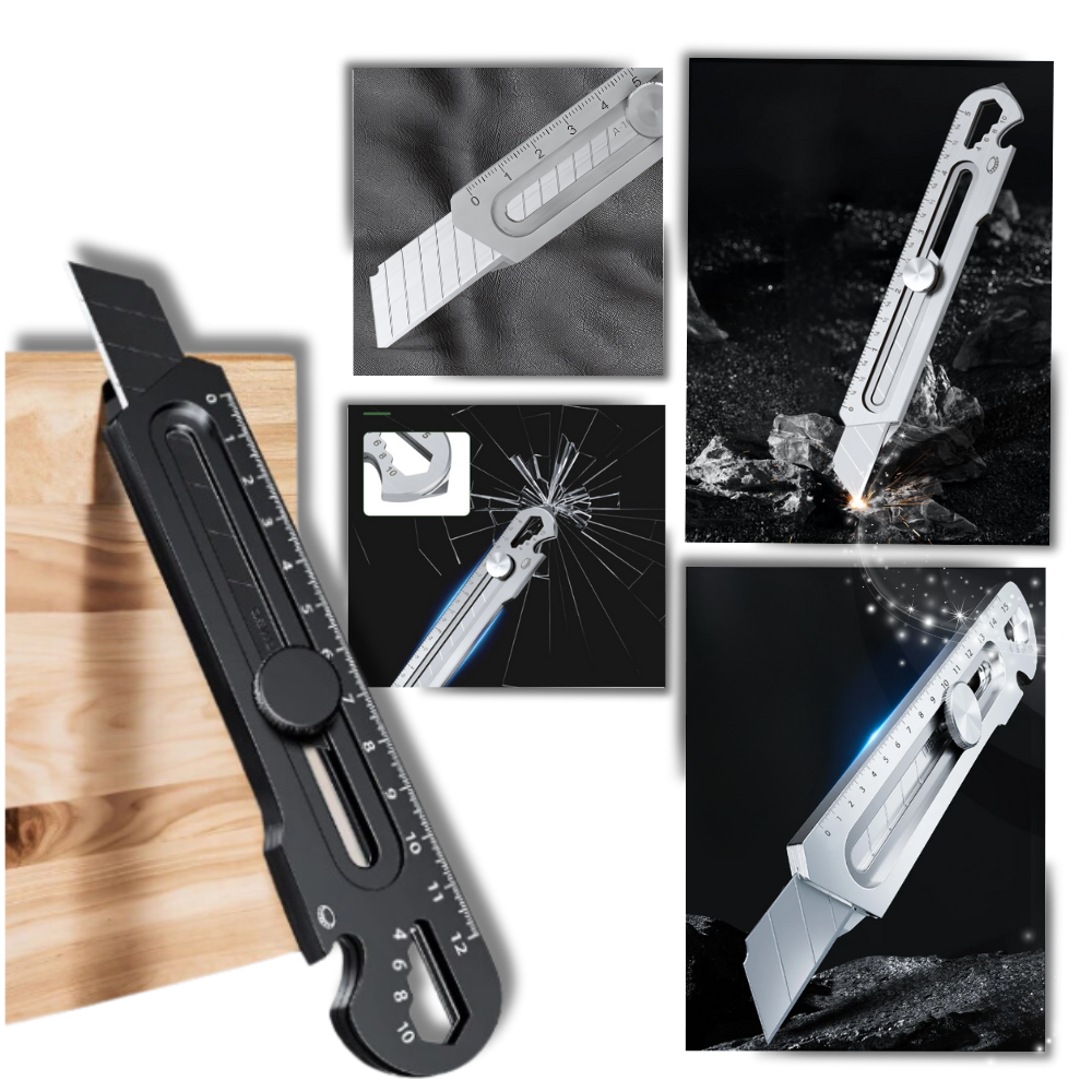 Cutter retrátil preto da Utility Knives, ferramenta de corte versátil com lâmina retrátil para uso geral.
