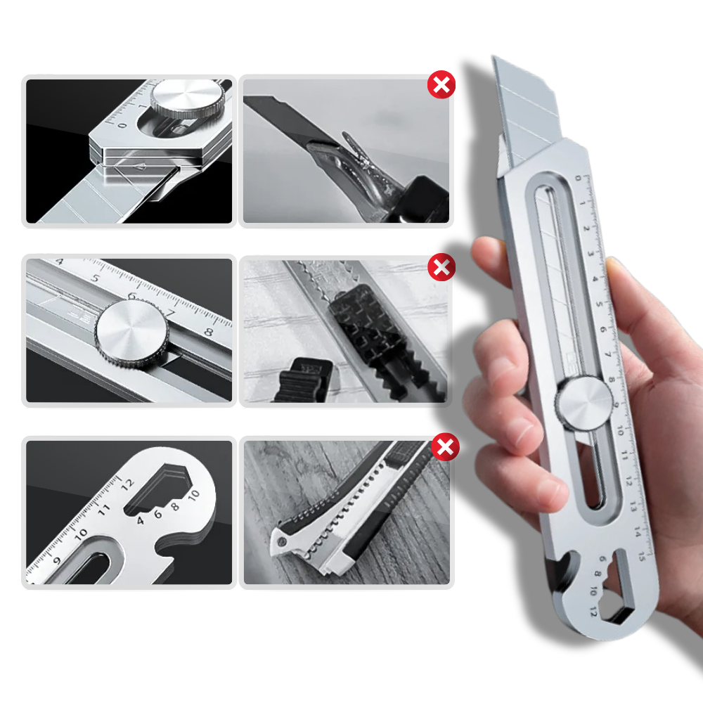 Cutter retrátil preto da Utility Knives, ferramenta de corte multifuncional com lâmina retrátil e design compacto.