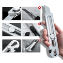 Cutter retrátil preto da Utility Knives, ferramenta de corte multifuncional com lâmina retrátil e design compacto.