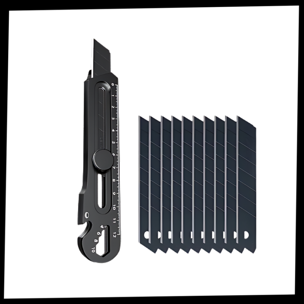 Cutter retrátil preto da Utility Knives, ferramenta de corte versátil com lâmina retrátil para uso geral.