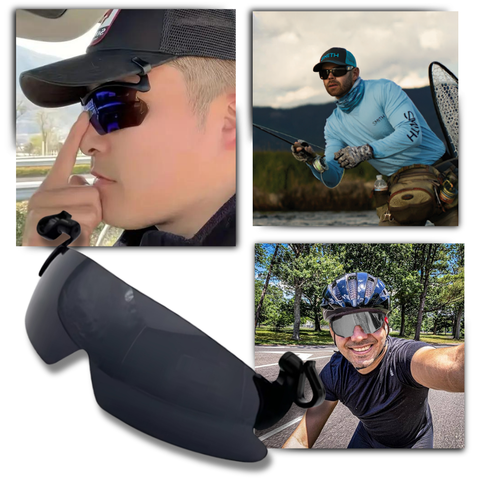 Óculos de sol clip-on polarizados da Opsales com proteção UV, mostrados em fundo branco com lente escura.