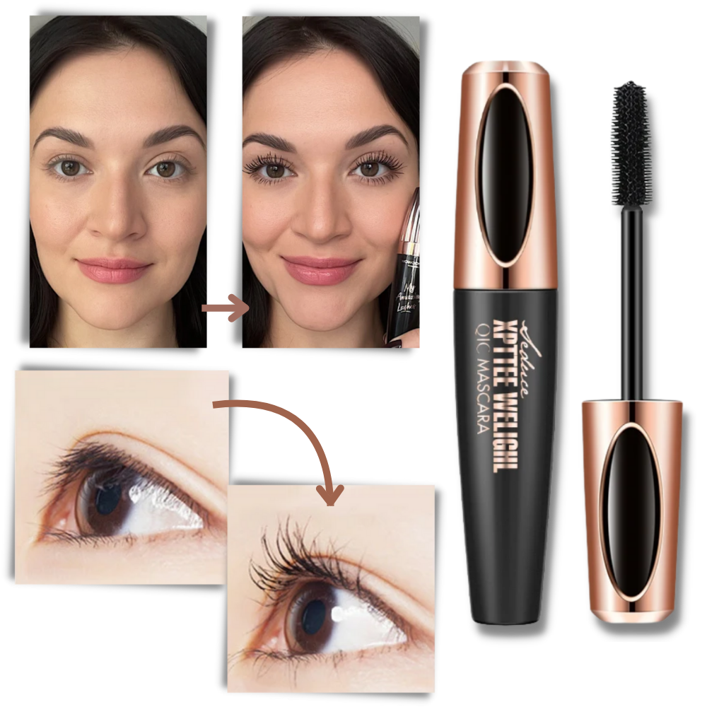 Máscara recourbante 4D Valatala, produto de cosméticos com escova curvadora para cílios, destaque na aplicação de volume e definição.