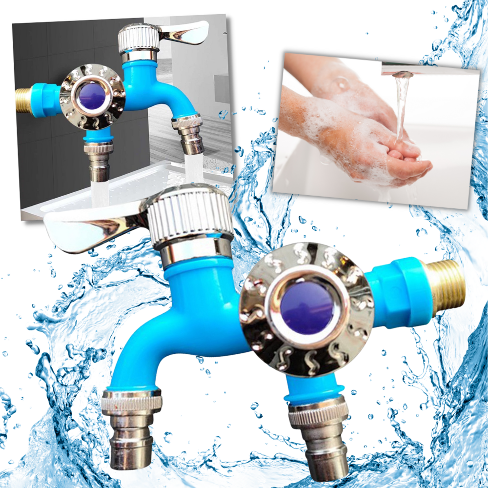 Robinet à double tête Valink para peças e material de encanamento, em acabamento azul, com duas saídas de água.