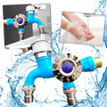 Robinet à double tête Valink para peças e material de encanamento, em acabamento azul, com duas saídas de água.