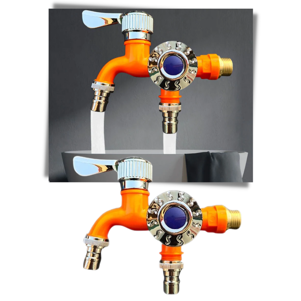 Robinet à double tête Valink, pièce de plomberie en métal avec finition bleue, pour installation sanitaire.