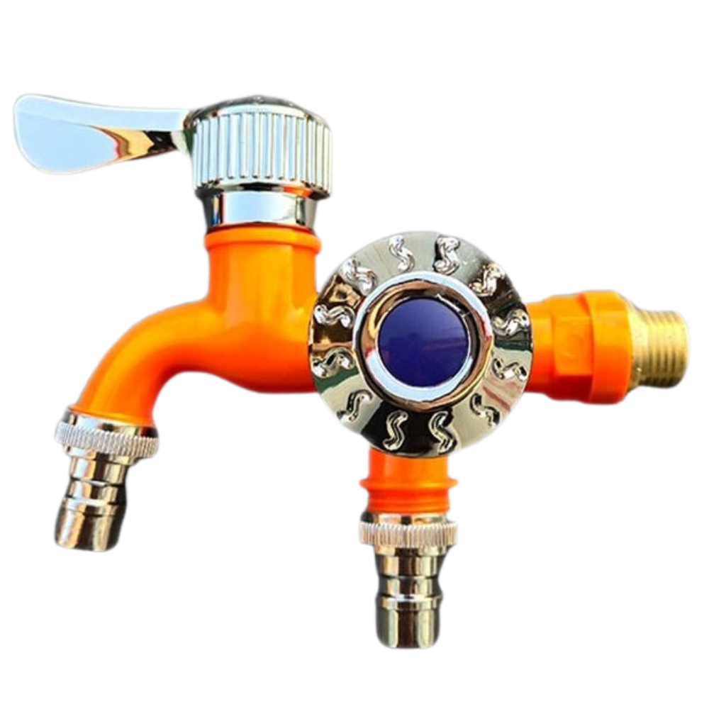 Robinet à double tête Valink, pièce de plomberie en métal avec finition bleue pour installation sanitaire.